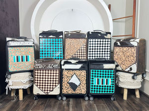 Premium Cowhide Checkered Leather Rolling Suitcases Custom Handmade Multi-Functional Travel <b>Trolley</b> Bag with Spinner Wheels - Product Image 6