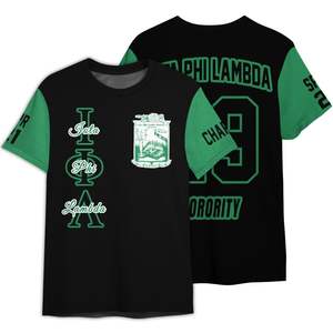 Camiseta Iota Phi Lambda con Bloques de Color Negro y Verde, Cuello Redondo, Diseño Personalizado del Capítulo, Unisex, Estilo Griego, Informal - Product Image 4