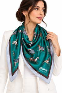 Pañuelo de satén para mujer con estampado ecuestre en verde azulado, diseño de caballo, tacto de seda, cuello cuadrado, borde en contraste, logotipo personalizado, accesorio de moda - Product Image 6