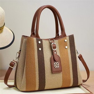 Classic Striped Canvas Tote Handbag with Removable <b>Strap</b> Zipper Closure Waterproof Portable Large Capacity for Women Daily Use - Product Image 2