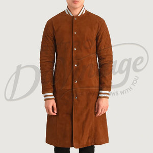 Abrigo Largo de Gamuza Genuina Marrón para Hombre, Estilo Universitario, con Mangas Acolchadas y Puños Acanalados a Rayas, Abrigo Premium Tipo Letterman - Product Image 3