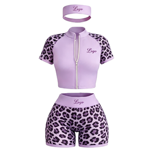 Custom Logo Women's 2 Piece <b>Set</b> Leopard Print Zip Up Crop Top High Waist Biker Shorts with Headband OEM Athleisure Wear - Product Image 3