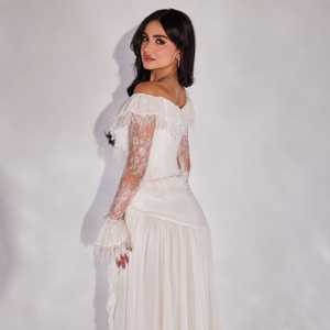 <b>White</b> Off-Shoulder Lace Floor-Length A-Line <b>Evening</b> <b>Gown</b> Sheer Sleeves Ruffled Cuffs Draped Pleated Skirt Bridal Inspired - Product Image 3