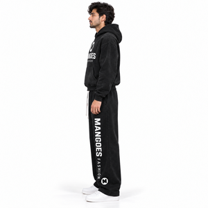 Ensemble de survêtement unisexe noir à capuche délavé style streetwear avec imprimé masque de hockey, manches longues décontractées, pantalon à taille élastique 100 % coton - Product Image 2