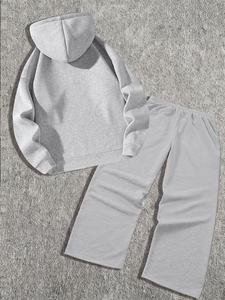 Ensemble de survêtement unisexe gris à capuche 100% coton, manches longues, coupe ample, couleur unie, vêtements décontractés d'automne avec poches latérales - Product Image 2
