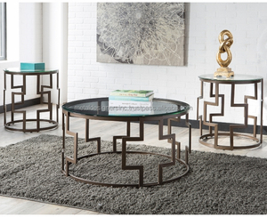 Table de café ronde en métal et noir, cylindrique, ensemble de meubles de décoration de la maison pour le salon et le hall d'entrée - Product Image 2