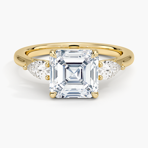 Anillo de compromiso con diamante de laboratorio talla Asscher y diamantes laterales en forma de pera, tres piedras, oro amarillo, rosa y blanco de 14K y 18K, artesanía fina. - Product Image 1