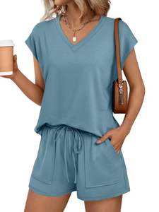 Conjunto de verano para mujer, diseño de cintura atractivo, color azul aguamarina, estilo informal, original, de alta calidad, con cuello en V y jersey. - Product Image 3