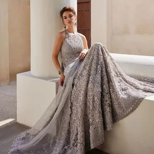 Premium Pakistani Bridle <b>Dress</b> <b>Silver</b> Metallic Sculptural Bridal Gown Featuring Bold Structured Padded Shoulders Intricate - Product Image 1