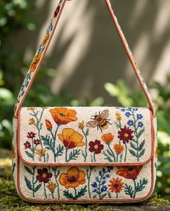 Bolso de hombro estilo vintage con cuentas bordadas de flores y abejas para mujer, bolso de diseñador de moda étnica para eventos festivos. - Product Image 1