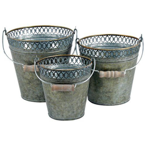 Ensemble de jardinières en métal, seau en fer galvanisé avec poignées en bois, motif ondulé gris blanchi, seau décoratif d'intérieur - Product Image 4