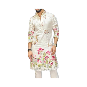 ผ้าเดนิมเครปพิมพ์ลายดิจิทัล ระบายอากาศได้ดี โพลีเอสเตอร์ 100% 120 แกรม น้ำหนักปานกลาง สำหรับตัดเย็บเสื้อคุर्ตาสำเร็จรูปสำหรับผู้ชาย - Product Image 1