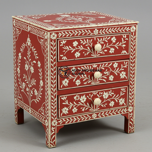 Mesita de Noche Moderna de 2 Cajones con Incrustaciones de Hueso Rojo, Ecológica y Hecha a Mano, con Patrón Floral para Muebles de Dormitorio - Product Image 1