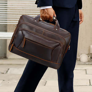 Vintage Style Genuine Leather Briefcase Multi Zip Business Laptop Bag for Men Handmade Travel Office Messenger with Shoulder - Product Image 6