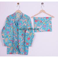 Ensemble de pyjama en coton doux, imprimé à la main, motif floral, manches longues, pour femme, vêtements de nuit et de détente pour l'été, pour un usage quotidien.