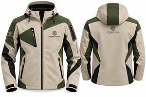 Veste softshell imperméable pour homme avec capuche, coupe-vent d'extérieur personnalisé, veste de randonnée beige, verte et noire, fabricant OEM - Product Image 3