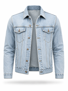 Chaqueta de Mezclilla Azul Claro para Hombre con Logotipo Personalizado, Cierre de Botones, Corte Regular, Estilo Casual, 100% Algodón Tejido, Otoño - Product Image 4