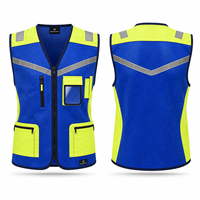 Gilet de sécurité réfléchissant bleu et jaune pour homme, col en V, maille respirante, anti-plis, multi-poches, vêtement d'extérieur d'été style urbain