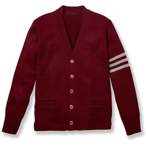 Cardigans à col en V personnalisables avec logos, rayures sur les manches, tricotés, décontractés, unisexes, à manches longues avec poches - Product Image 1
