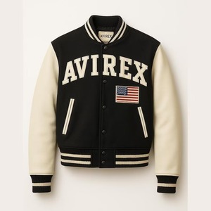 Veste en cuir et laine Avirex Varsity noire et crème avec patch drapeau américain, style vintage, veste bomber - Product Image 2