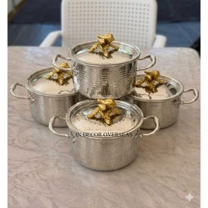 Ruffoni Stainless Steel Hand Hammered Casseroles With Gold Frog <b>Knobs</b> Round Durable Vintage Design For Kitchenware From India - Product Image 1