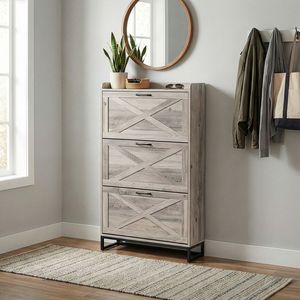 Mobiletto a tre cassetti con anta scorrevole e pannello superiore 80*24*145cm, finitura grigio lavato, in truciolato, per scatole e organizer per scarpe - Product Image 5
