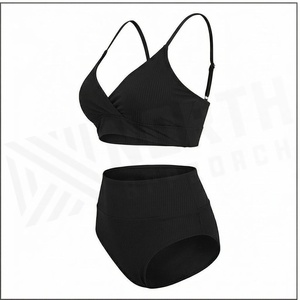 Women's Black Ribbed 2 Piece Bikini Set <b>Crossed</b> Halter <b>Top</b> High Waist Bottoms Stretch Swimwear - Product Image 3