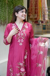 Kurta de Seda Chanderi Rosa para Mujer, con Bordado Floral, Corte Regular, Largo Regular, Estilo Étnico Indio, Traje Casual para Fiestas - Product Image 5
