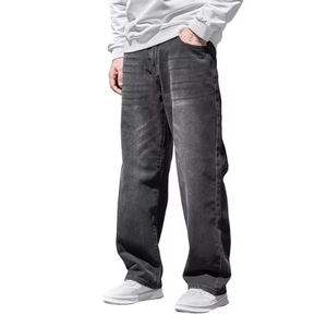 Jeans de Mezclilla para Hombre, Diseño Nuevo, Corte Holgado y Recto, Color Negro Lavado, Cintura Media, Transpirables, de Algodón, Spandex y Poliéster - Product Image 1
