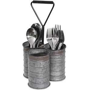 Porte-ustensiles de cuisine et organisateur de rangement pour la maison en métal galvanisé antique à double seau avec poignée en bois - Product Image 2