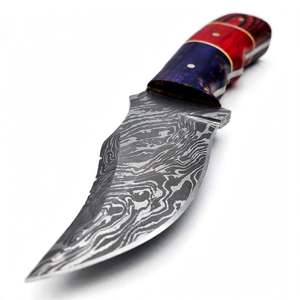 Couteau utilitaire robuste d'extérieur à double tonalité bleu-rouge personnalisé avec manche en bois et lame en acier Damas fixe - Product Image 2