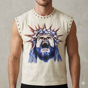 Débardeur Rétro Homme en Coton Doux de Haute Qualité 100% Coton Lavé à l'Acide, Gilet Personnalisable avec Logo, Style Hip Hop Urbain, T-Shirt Sans Manches - Product Image 2