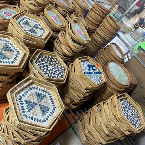 Juego de 2 bandejas de jacinto de agua tejidas a mano marrones rústicas con cubiertas para servir té, pan, café o baño, uso en la sala de estar - Product Image 5