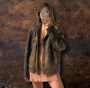 <b>Women</b>’s Vintage Distressed <b>Leather</b> <b>Jacket</b>, Oversized <b>Brown</b> Biker <b>Jacket</b>, 90s Moto Retro Streetwear Coat, Fall Outerwear - Product Image 5