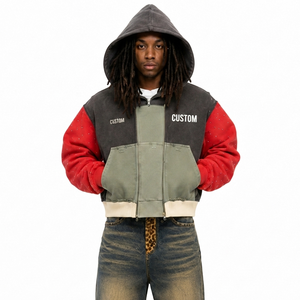 OEM Heavyweight Acid Wash Men Hoodies Custom Print Rhinestone Studded <b>Red</b> Sleeve Color Block Full Zip Up Hoodie Streetwear - Product Image 1