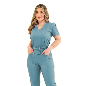 Women Medical <b>Scrub</b> <b>Set</b> Ultra Soft 95% Polyester 5% Spandex V-Neck Zip Nurse Uniform with 4 Pockets & Drawstring Pants - Product Image 3