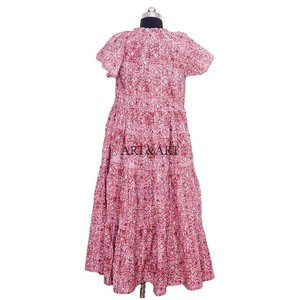 เดรสทรงเอลายดอกไม้หวานๆ สไตล์มิดิสำหรับผู้หญิง คอวี แขนสั้น มีเชือกผูกเอว นำเข้าจากอินเดีย กำลังเป็นที่นิยม - Product Image 4