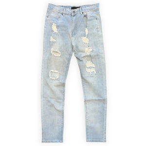 Jeans de Mezclilla Azul Claro, Corte Slim Fit, Desgastados, Cintura Media, Estilo Casual, Pierna Recta, Algodón, para Hombre, Estilo Verano - Product Image 1