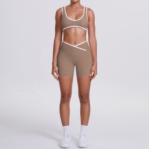 Custom 2026 Seamless 2 Piece Yoga Set Scoop Neck Crop Top High Waist Shorts Contrast Binding Solid Color Sport Wear - Product Image 1