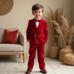 Boys Red Velvet Double Breasted Tuxedo Suit | <b>Kids</b> Wedding Suit | <b>Ring</b> Bearer Formal Blazer Set | Custom Made - Product Image 2