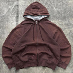 Sweat-shirt à capuche vintage rétro marron chocolat – Style streetwear déchiré avec fermeture éclair intégrale, design personnalisé unisexe - Product Image 2