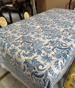 Cotton Table Cover Blue White Floral Botanical Printed Dining Tablecloth Elegant Decorative Home Decor - Product Image 6