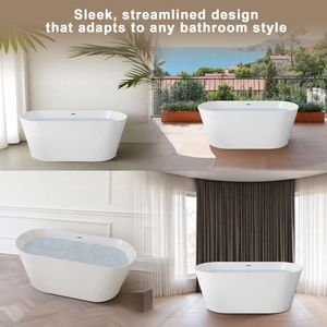 Vasca da Bagno Freestanding in Acrilico Bianco Lucido da 59 Pollici con Rubinetto Cromato e Scarico Certificato UPC - Product Image 6