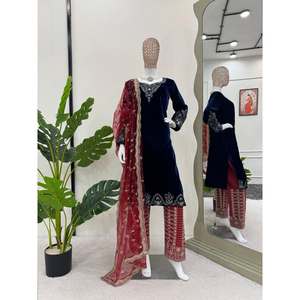 FIL DE VELOURS VISCOSE À LA MODE SÉQUENCE TRAVAIL DESSUS AVEC DUPATTA BLEU - Product Image 1