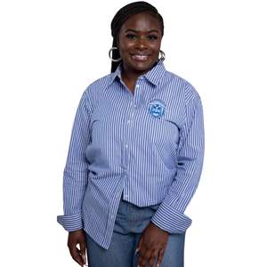 Camisa de Botones a Rayas Azules y Blancas Zeta Phi Beta para Mujer, Top de Algodón Casual y Formal con Letras Griegas Bordadas - Product Image 1