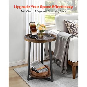 Modern 2-Tier <b>Round</b> <b>Side</b> <b>Table</b> End Nightstand with Open Storage Shelves AC USB Charging Port Wood Finish Bedside Desk - Product Image 2