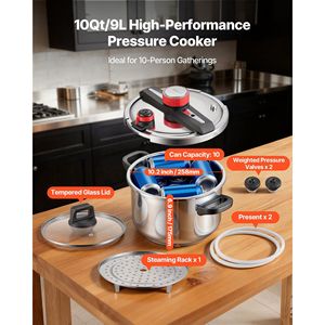 Pentola a Pressione in Acciaio Inossidabile da 10Qt con Coperchio in Vetro Temperato e Griglia per Cottura a Vapore, Pentola a Tripla Pressione - Product Image 4