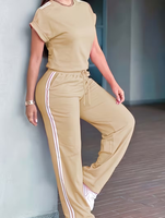 Women's Beige 2-Piece Casual Set Short Sleeve Top Side Stripe Pants Regular Fit O-Neck Solid Color Fleece Eco-Friendly Quick Dry