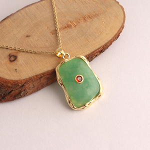 Hypoallergenic jewelry green jade with red cz accent double stone pendant <b>necklace</b> 18k gold plated brass chain women <b>necklace</b> - Product Image 3