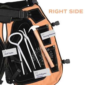 Kit d'outils professionnels de fermeur pour le soin des sabots avec tablier de sécurité, coupe-ongles à sabots, tire-clincheur courbé, testeur de douleur et marteau - Product Image 5